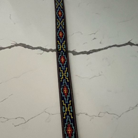 J Crew Native American Beaded Leather Belt Brass Buckle Blue Red Yellow Beads - Picture 10 of 12